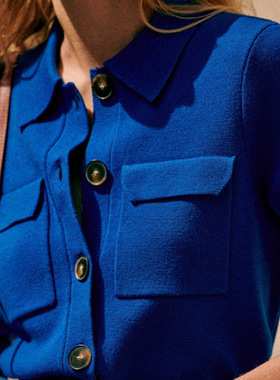 现货法式小众23年秋冬轻奢羊毛克莱因蓝经典版型开衫毛织上衣外套