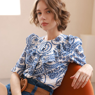 轻奢民族风刺绣荷叶边棉短袖衬衫