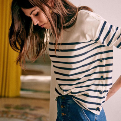 海魂衫侧边纽扣开衩宽松套头T恤