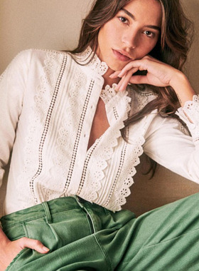 现货20年早春法式轻奢花边圆领镂空白色纯棉内搭外穿直筒长袖衬衫