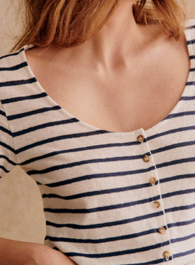 法式小众 23年夏季小清新纯棉条纹纯色低圆领单排扣短袖T恤女上衣
