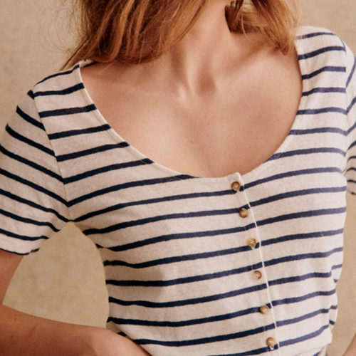 小清新棉条纹纯色低圆领短袖T恤