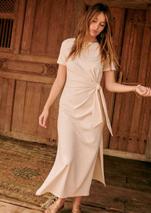 法式小众 纯棉设计感系带显瘦气质女人味开叉短袖直筒长款连衣裙