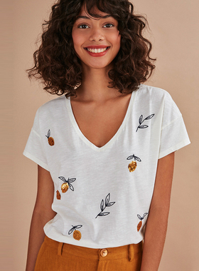现货2020夏季法式小众小清新纯棉V领亮片小柠檬绣花宽松短袖T恤女