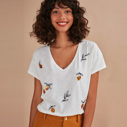 小清新纯棉V领亮片小柠檬套头衫