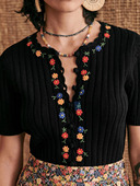 针织衫 22年夏可可西里刺绣花朵花瓣边纯棉短袖 纽扣上衣 小众 法式