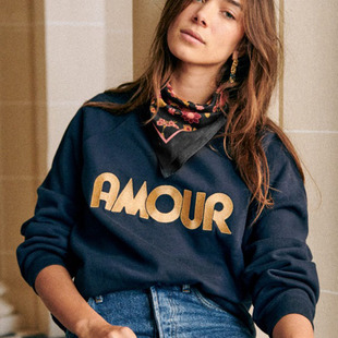 法式 卫衣女上衣 小众23年早春慵懒纯棉法文字母刺绣圆领宽松插肩袖