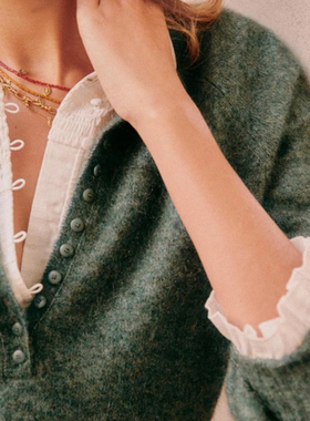 现货 秋冬法式小众慵懒风亨利领宽松针织套头衫软fufu马海毛上衣