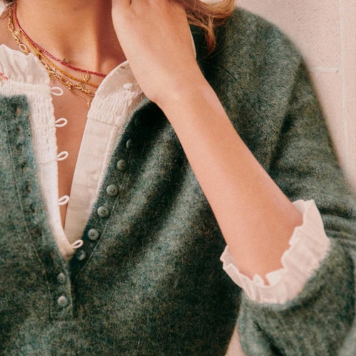 亨利领纽扣宽松套头衫上衣针织衫