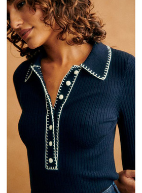 现货法式文艺风坑条亲肤毛织系扣手工缝线翻领长袖修身针织衫外穿