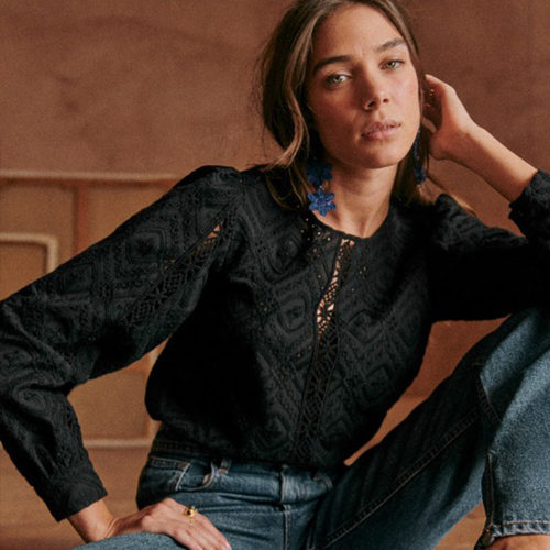 优雅黑色蕾丝直筒复古泡泡袖衬衫