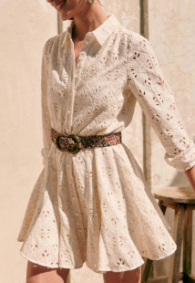 法式小众复古纯棉立体刺绣镂空衬衫式修身气质长袖连衣裙伞裙