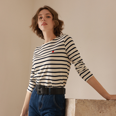 纯棉条纹桃心刺绣文艺海魂衫T恤