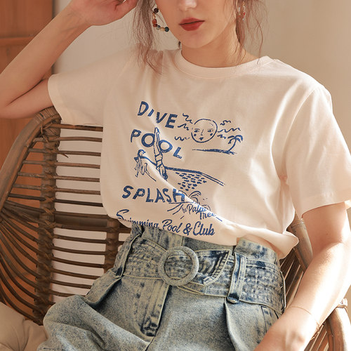 法式小众夏度假游泳印花T恤短袖