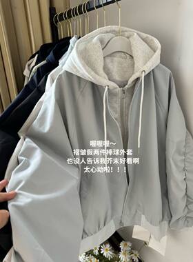 美式复古设计感假两件连帽外套女学生韩版宽松秋季新款休闲夹克潮