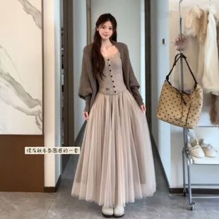 秋天穿搭ootd一整套蝙蝠袖针织开衫蕾丝吊带套装女学生纱裙三件套