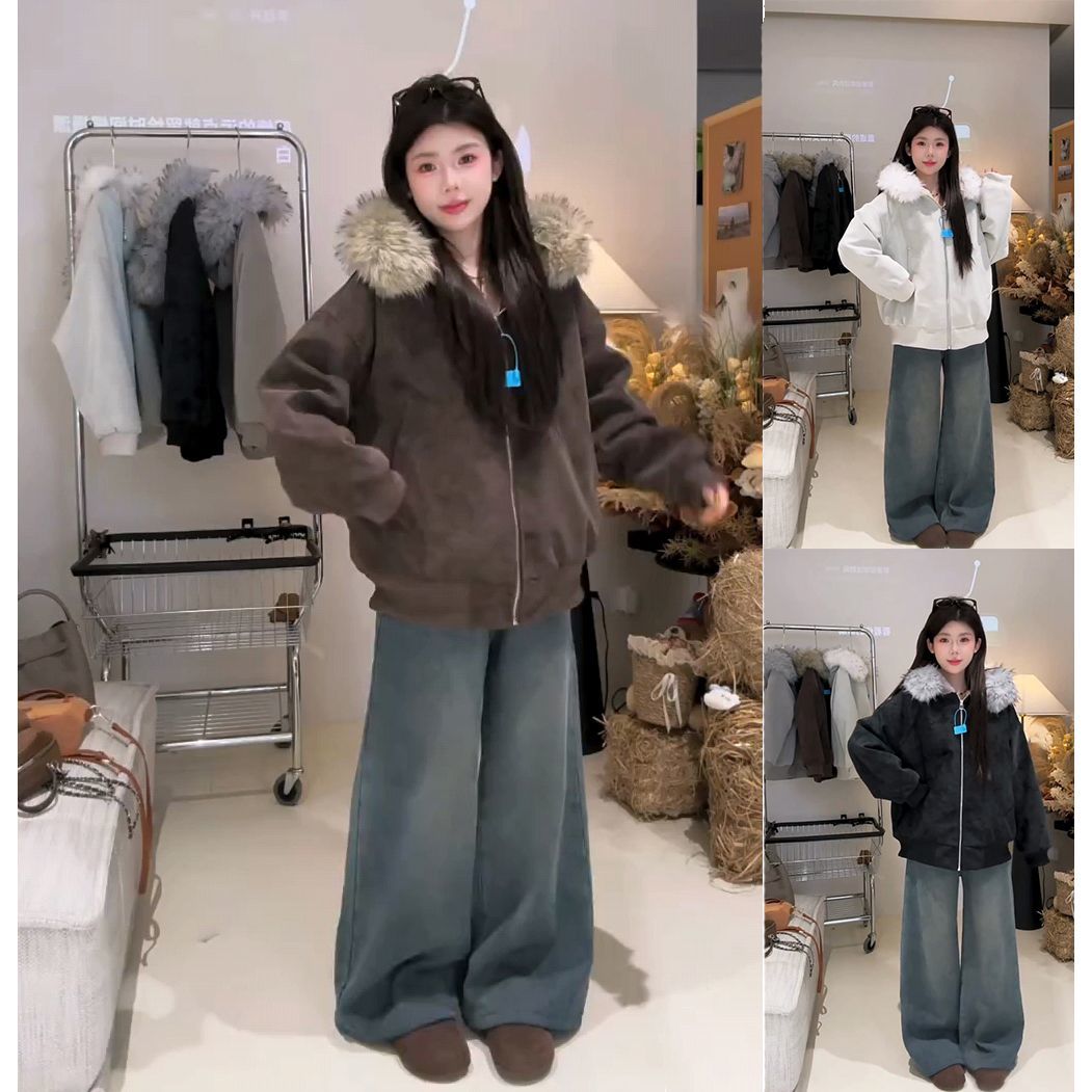 美式复古扎染皮面加绒加厚棉服女学生韩版宽松冬季新款大毛领棉衣