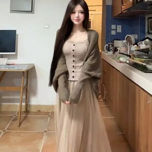 法式淑女温柔风蝙蝠袖针织开衫蕾丝吊带套装女学生韩版纱裙三件套
