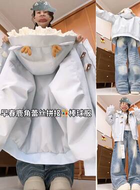 日系可爱鹿角蕾丝拼接牛角扣外套女学生韩版春秋新款连帽休闲夹克