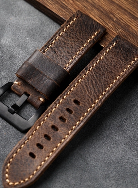 手工对折头层牛皮表带20 21 22 23 24 26MM深棕色真皮男表链复古