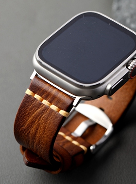 高端擦色真皮表带适配Apple watch 49MM 46MM 45MM头层牛皮棕色
