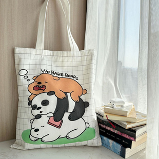 帆布包女单肩包可爱小熊文艺百搭学生出勤上课补习袋大容量帆布袋