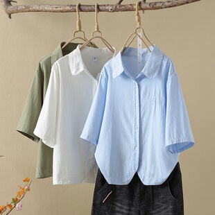 2024新款小个子短款假口袋绿色短袖衬衫女夏文艺复古日系宽松上衣
