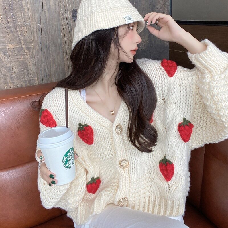 2025开衫外套春秋季宽松甜美草莓毛衣软糯系女v领粗毛线针织上衣