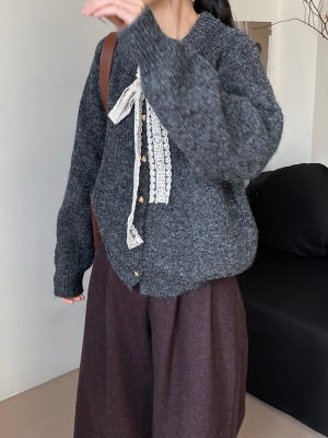 超好看灰色毛衣女款2025新款冬季气质减龄蝴蝶结针织开衫外套上衣