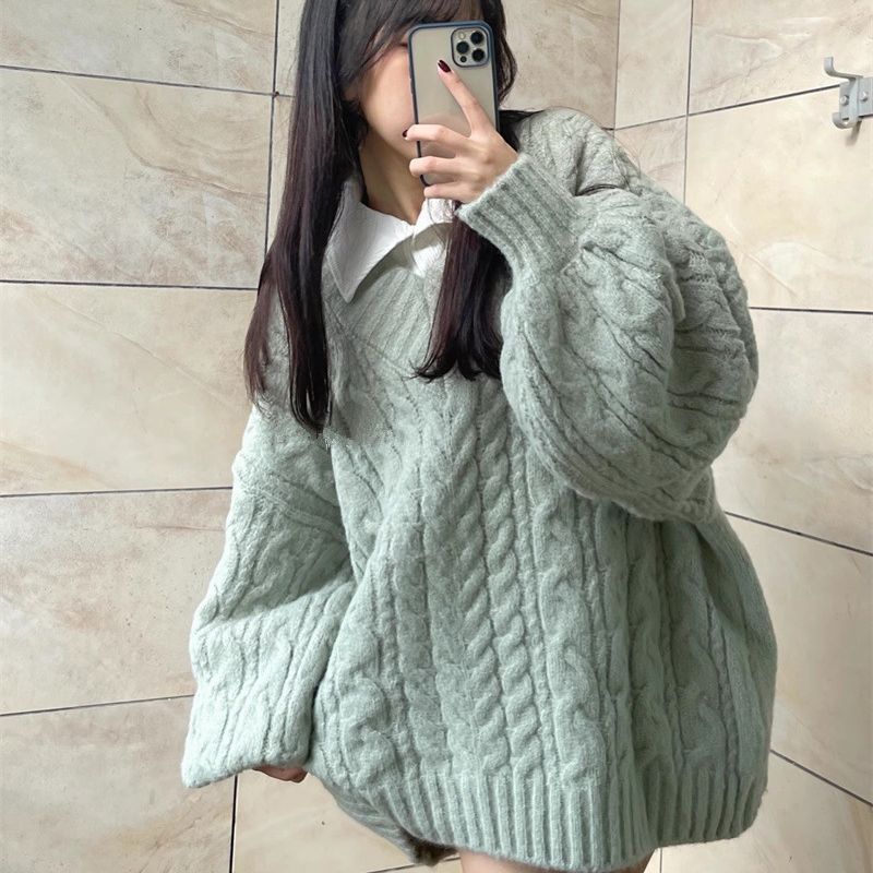 辣妹慵懒风v领大毛衣女温柔韩版上衣粗毛线2025新款麻花针织外搭
