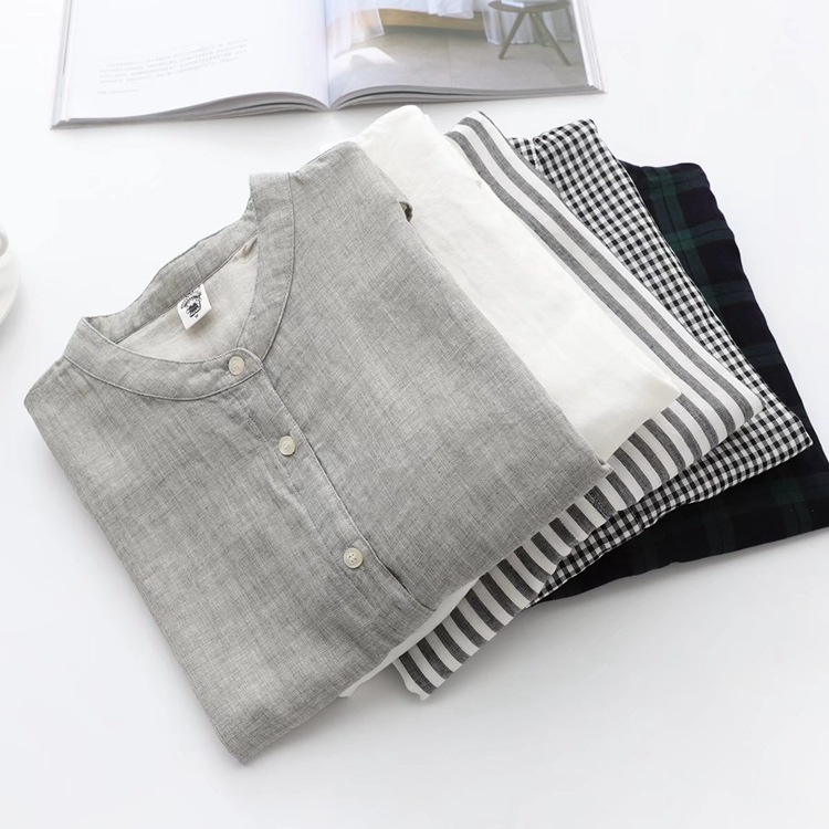 日系小清新全棉双层纱娃娃领白衬衣文艺范短袖宽松条纹棉衬衫女