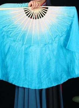 胶州秧歌舞蹈扇真丝双面白口湖蓝古风舞蹈扇子加长加大舞台表演扇