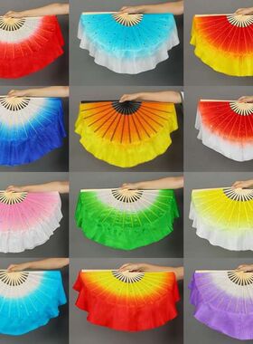 真丝舞蹈扇子渐变色胶州秧歌扇子古典广场舞红色双面大红表演扇