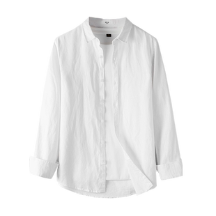 春夏季薄款亚麻衬衫男长袖复古棉麻衬衫休闲麻料潮流百搭白色寸衫