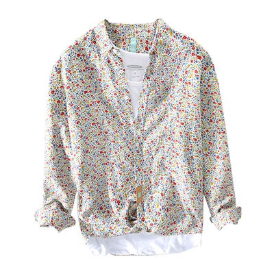 个性碎花衬衫男士长袖翻领亚麻上衣男潮流休闲舒适透气棉麻衬衣