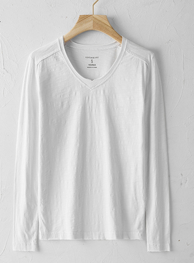 春季白色内搭V领打底衫宽松百搭做旧毛J边天竺竹节棉T恤男长袖