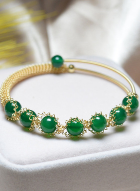 手工制作天然绿玛瑙手镯14k包金绕丝线深色翡翠绿冰透可调整手环