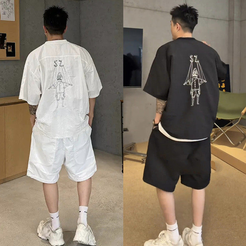 夏季新品重磅拼接廓形蝙蝠袖休闲运动套装男士短袖短裤穿搭一整套