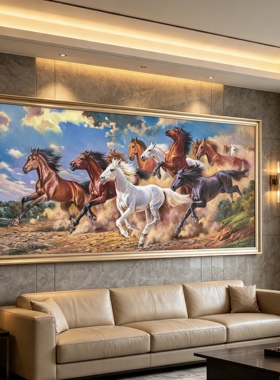 手绘油画客厅装饰画沙发背景墙 挂画壁画八骏马图 办公室画