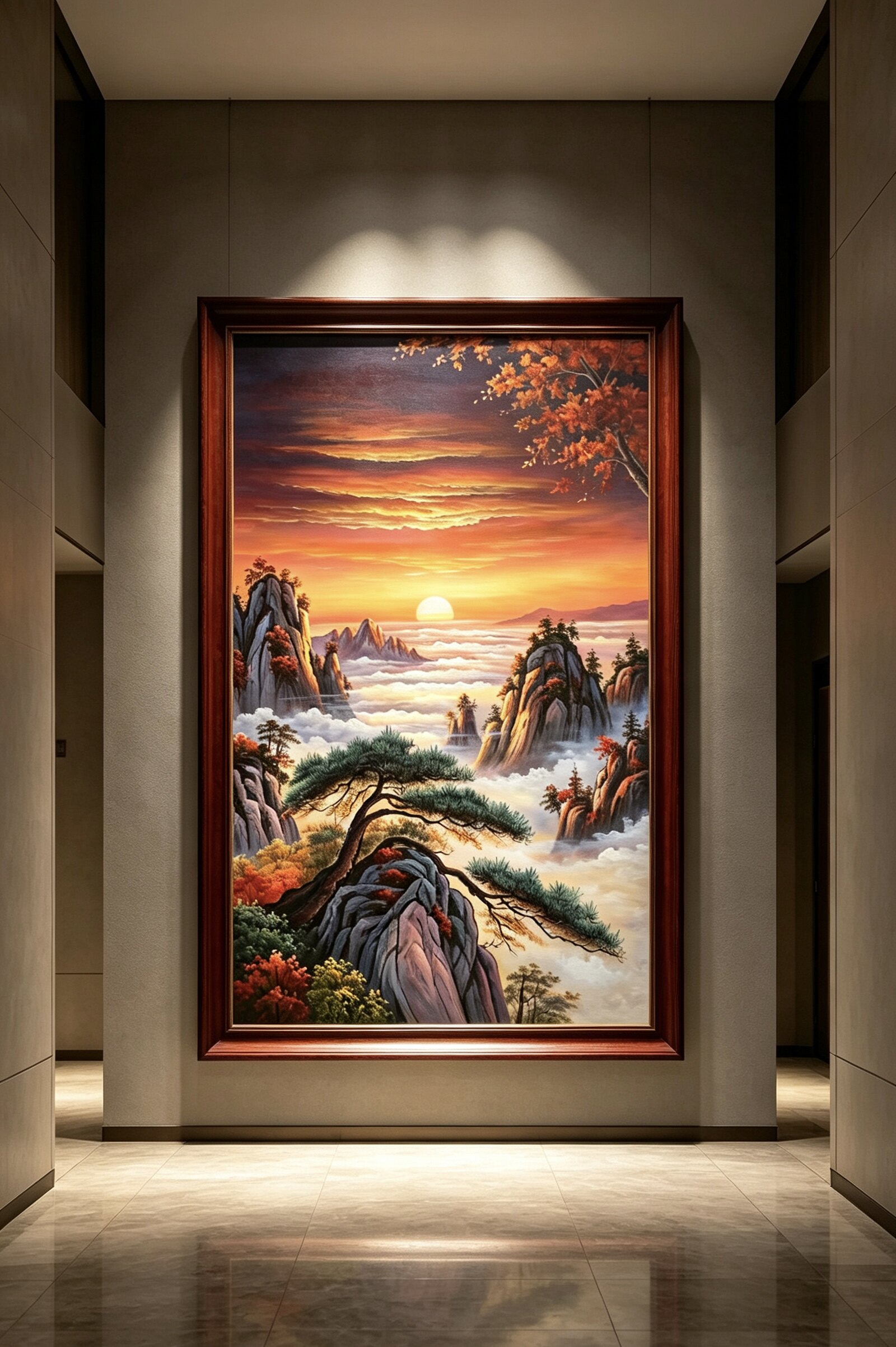 迎客松斗柜装饰画背有靠山玄关柜入户正对门挂画高档大气餐厅墙画图片