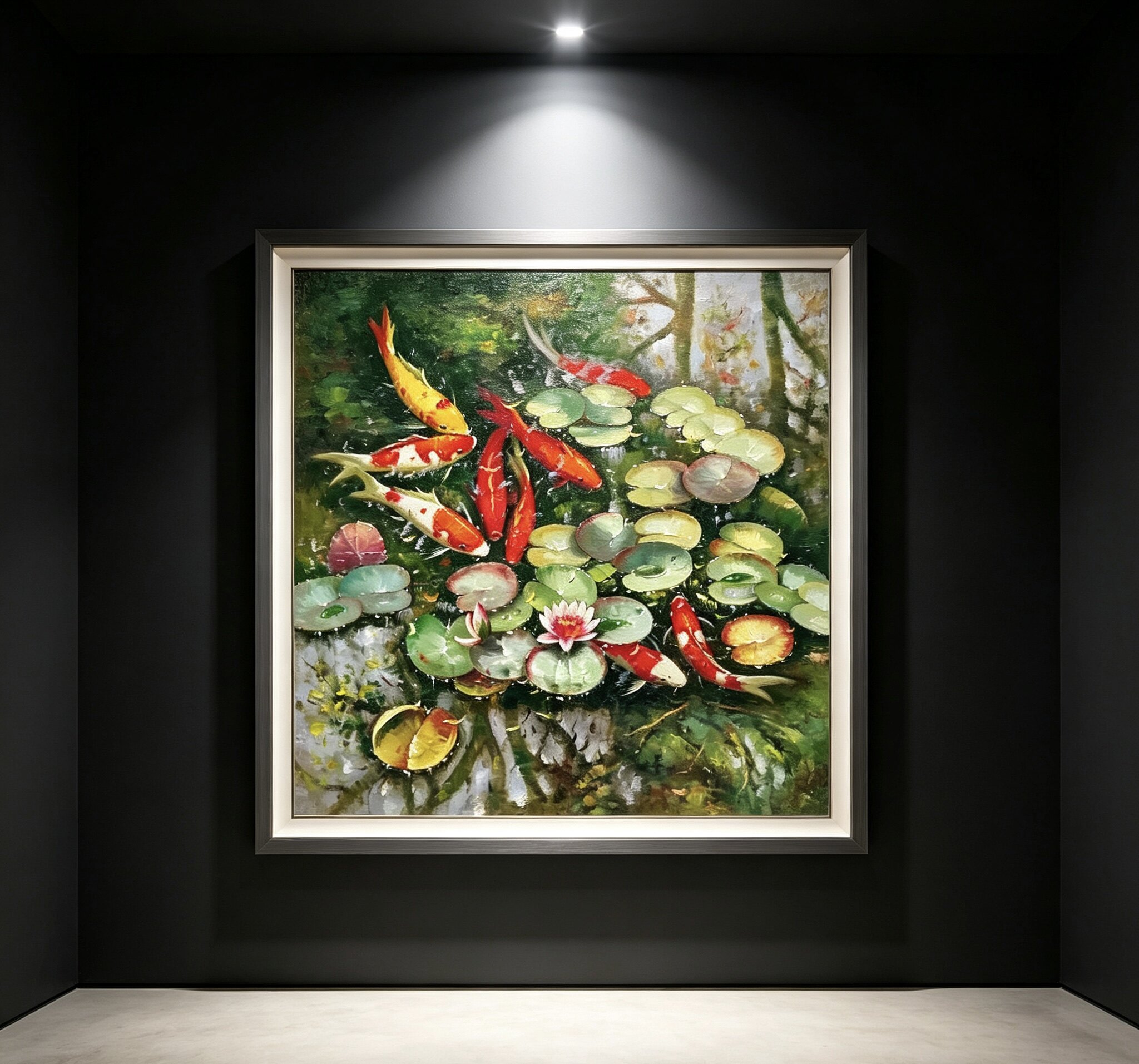 九鱼图手绘油画入户玄关装饰画中古风荷花锦鲤年年有余高级感招财图片