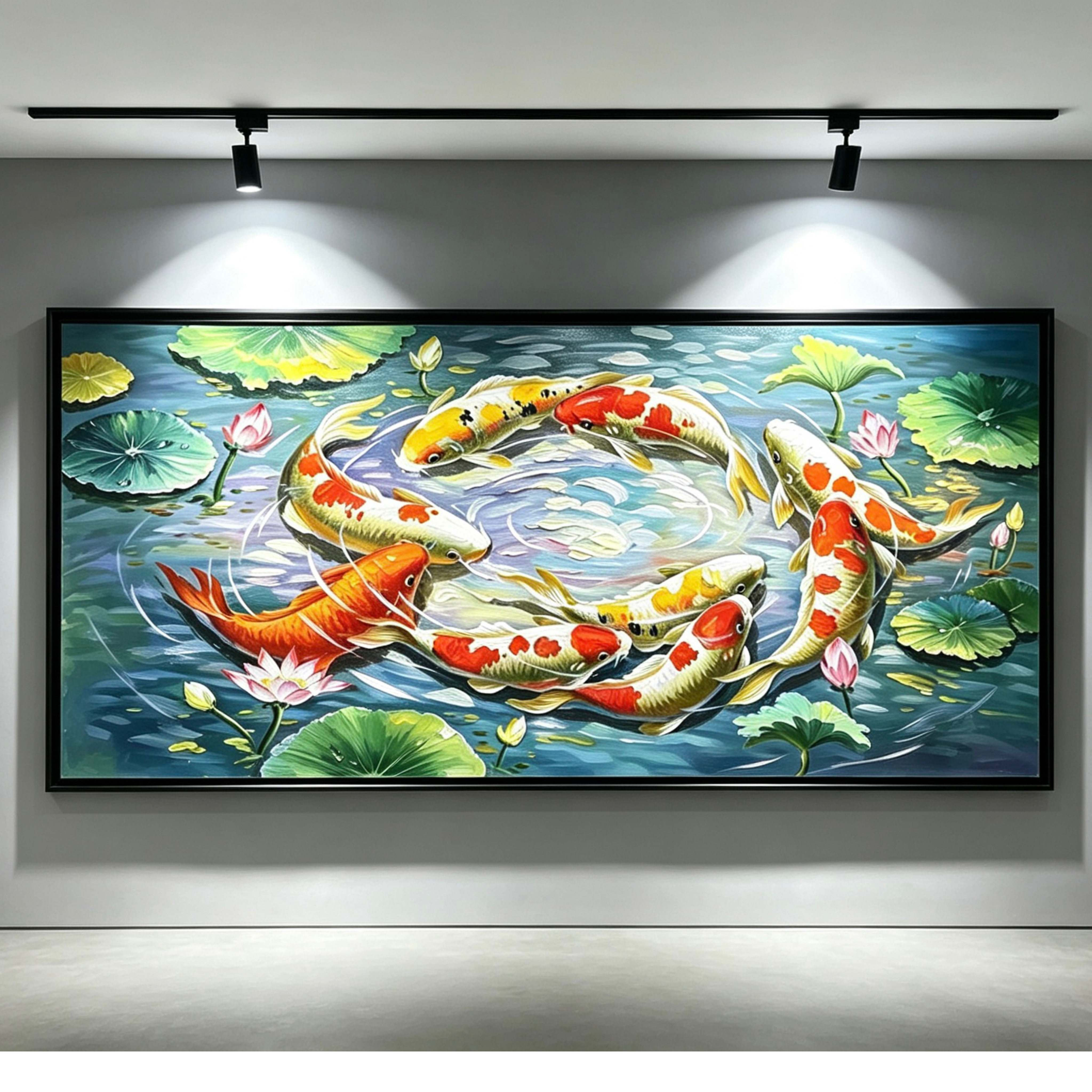 九鱼图手绘油画入户玄关装饰画中古风荷花锦鲤年年有余高级感挂画图片