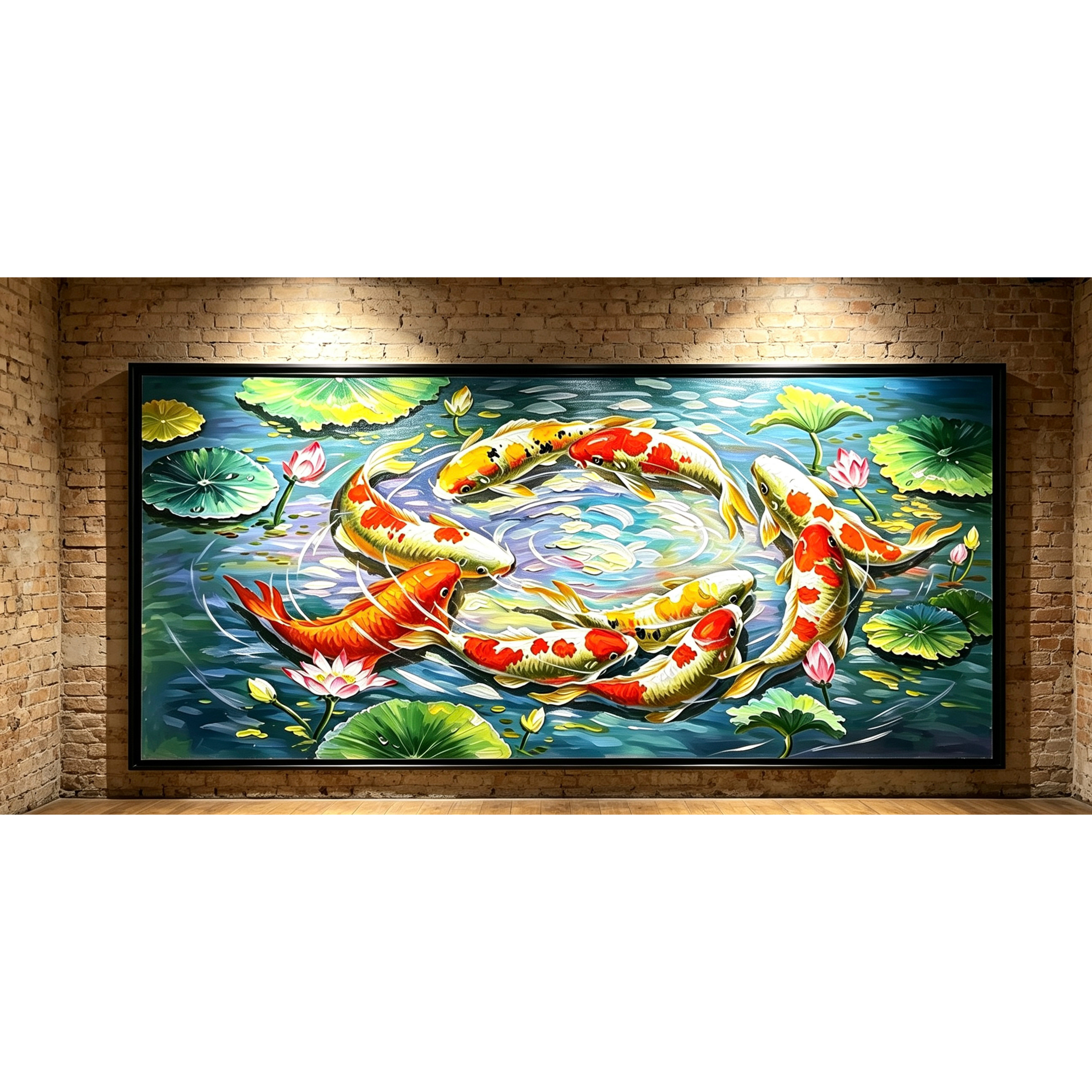 睡莲九鱼图手绘油画锦鲤客厅餐厅玄关柜装饰画轻奢好寓意背景挂画图片