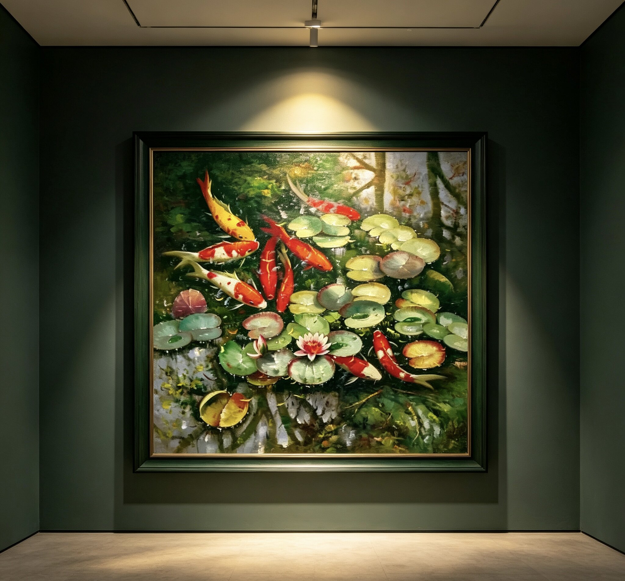 九鱼图手绘油画入户玄关装饰画中古风荷花锦鲤年年有余高级感挂画图片