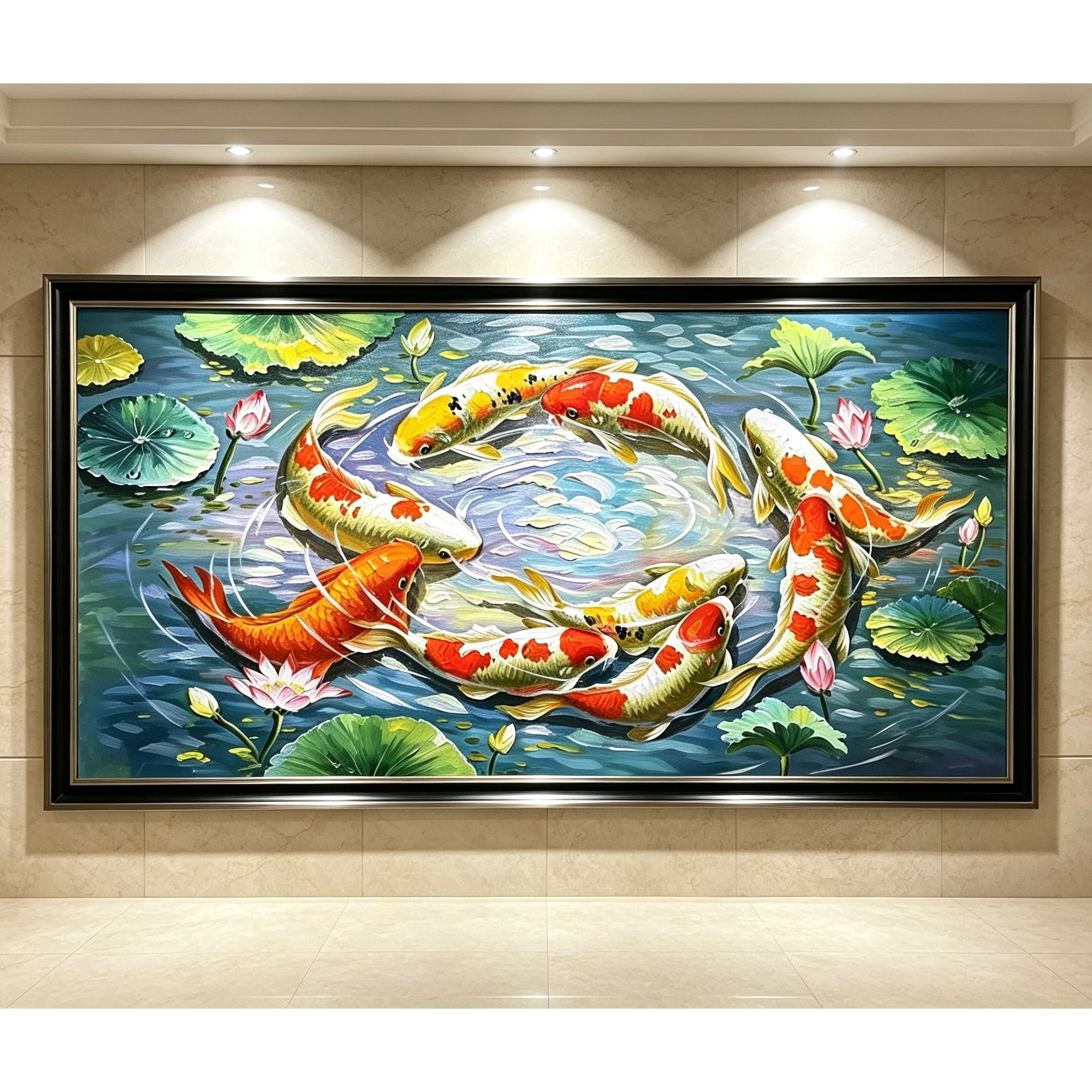 纯手绘九鱼图圆形油画新中式玄关客厅荷花锦鲤装饰画九鲤聚财挂画图片