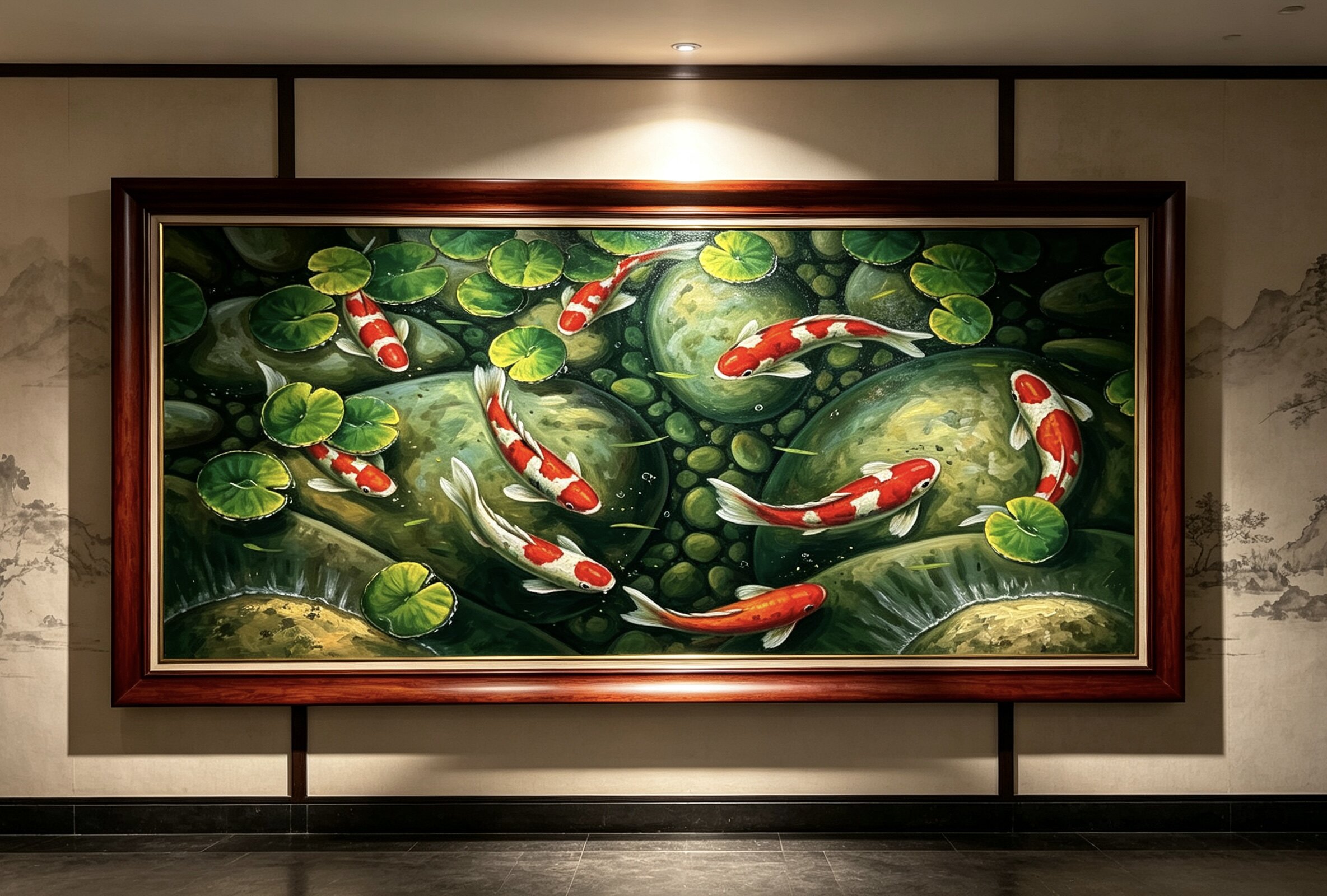 手绘锦鲤九鱼图油画轻奢客厅餐厅装饰画荷花聚财挂画新中式壁画图片