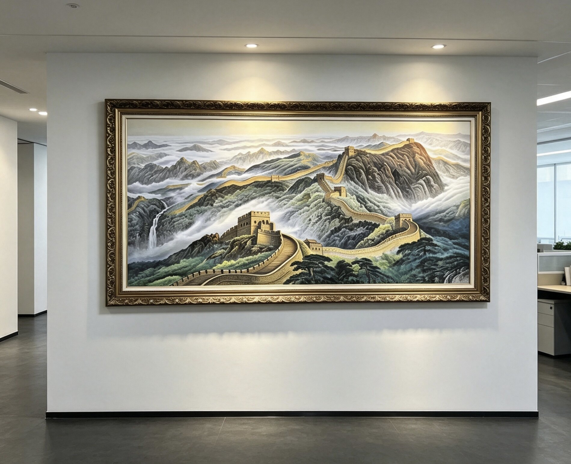 手绘国画万里长城画靠山图山水画办公室新中式客厅大厅金色挂画