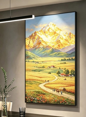 《青山映丰收》中古风玄关装饰画走廊过道麦田风景复古风手绘油画