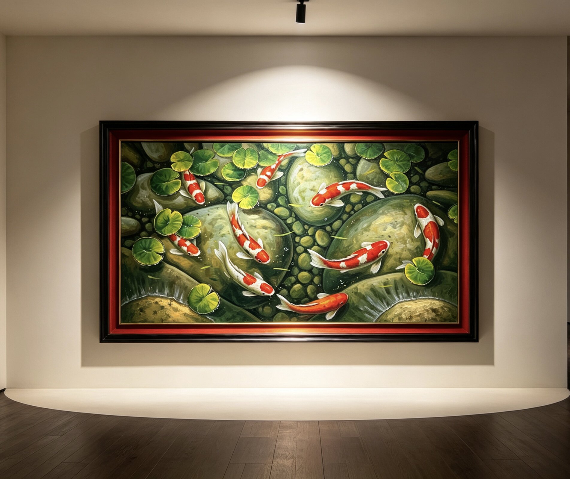 九鱼图手绘油画入户玄关装饰画中古风荷花锦鲤年年有余新中式挂画图片