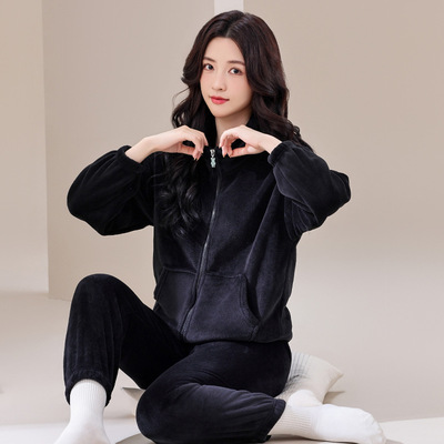 杜小宅同款珊瑚绒睡衣秋冬季法兰绒加厚拉链家居服女士甜美套装